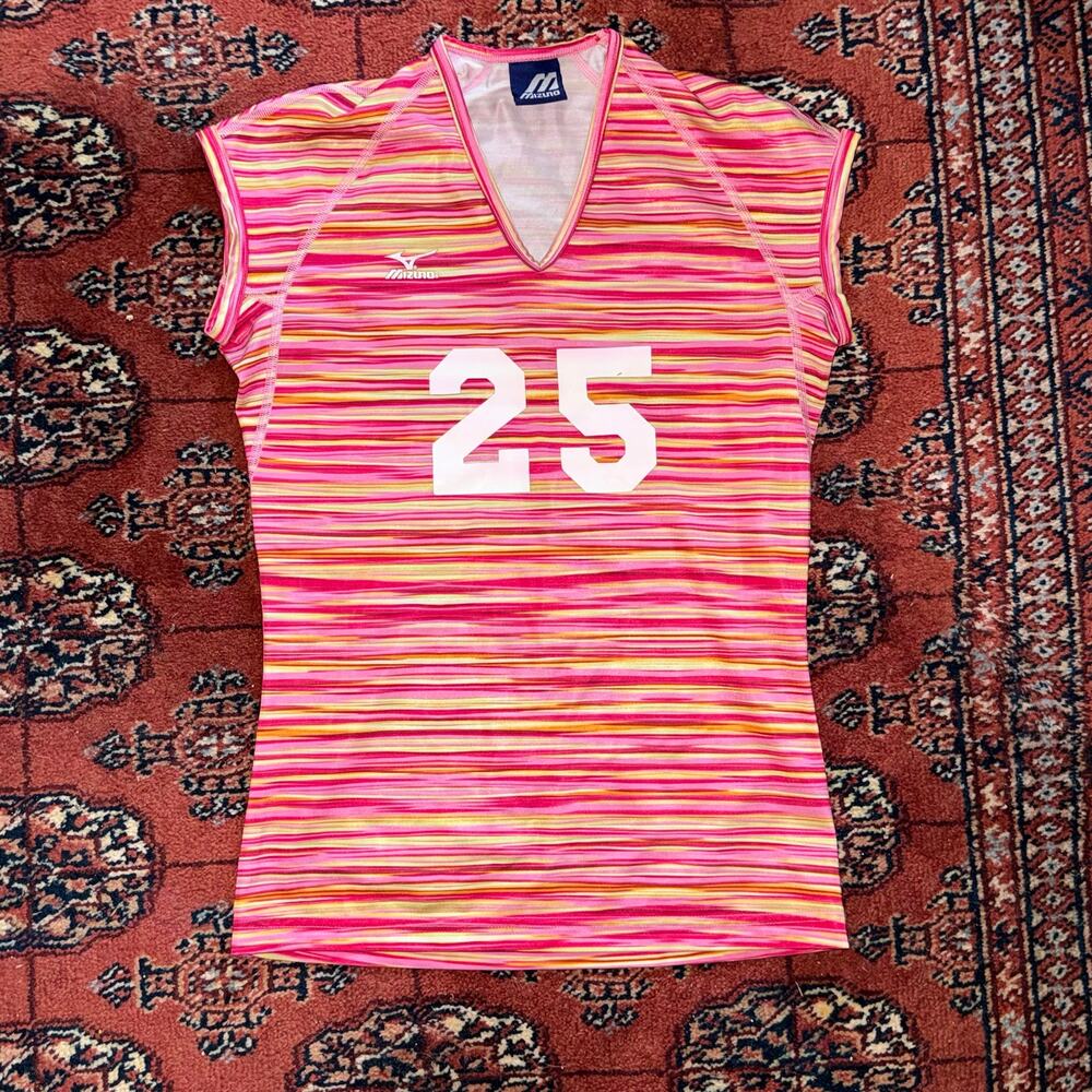 Mizuno Women's S Pink & Green Striped V-Neck Cap Sleeve Stretchy T-Shirt